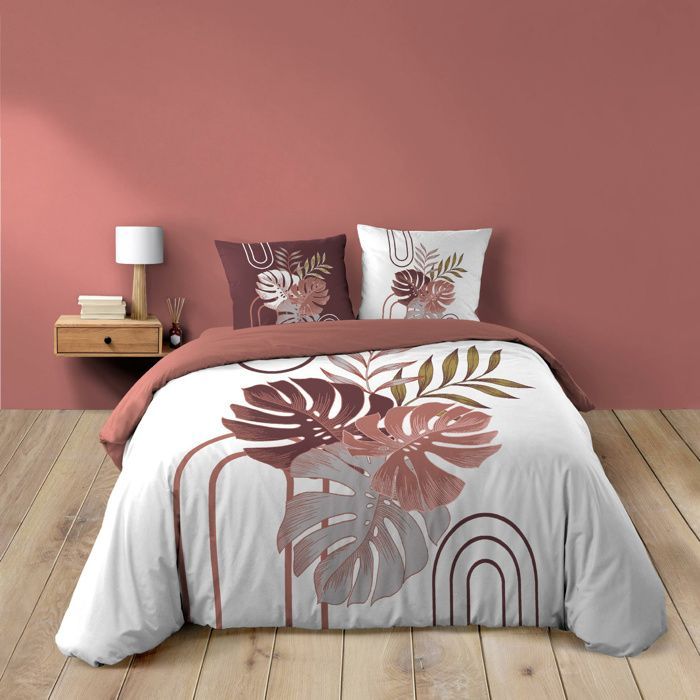 Funda nórdica ASTRIA de 240 x 220 cm – 100 % algodón, 42 hilos/cm² + 2 fundas de almohada de 63 x 63 cm, estampado tropical terracota/burdeos.