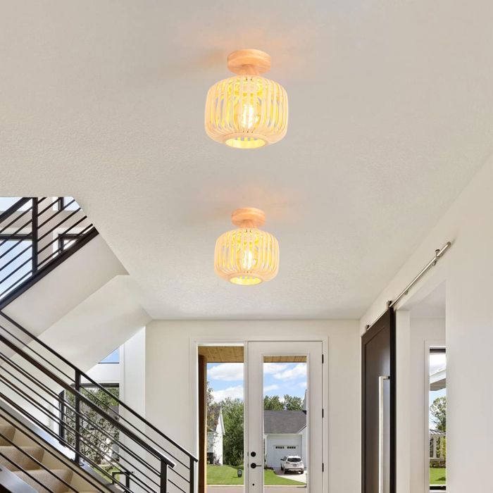 IDEGU 2pcs Rétro Plafonnier en Bois et Bambou Lustre Industriel E27 Luminaire Abat-Jour Design Cage pour Chambre Salon Entrée