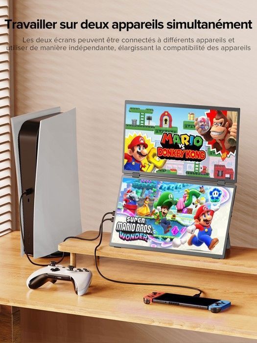 Dual-screen portable monitor, 15.6-inch, 1080p Full HD, 300 cd/m² brightness, 100% sRGB/VESA compatibility, mini HDMI, Type-C interface