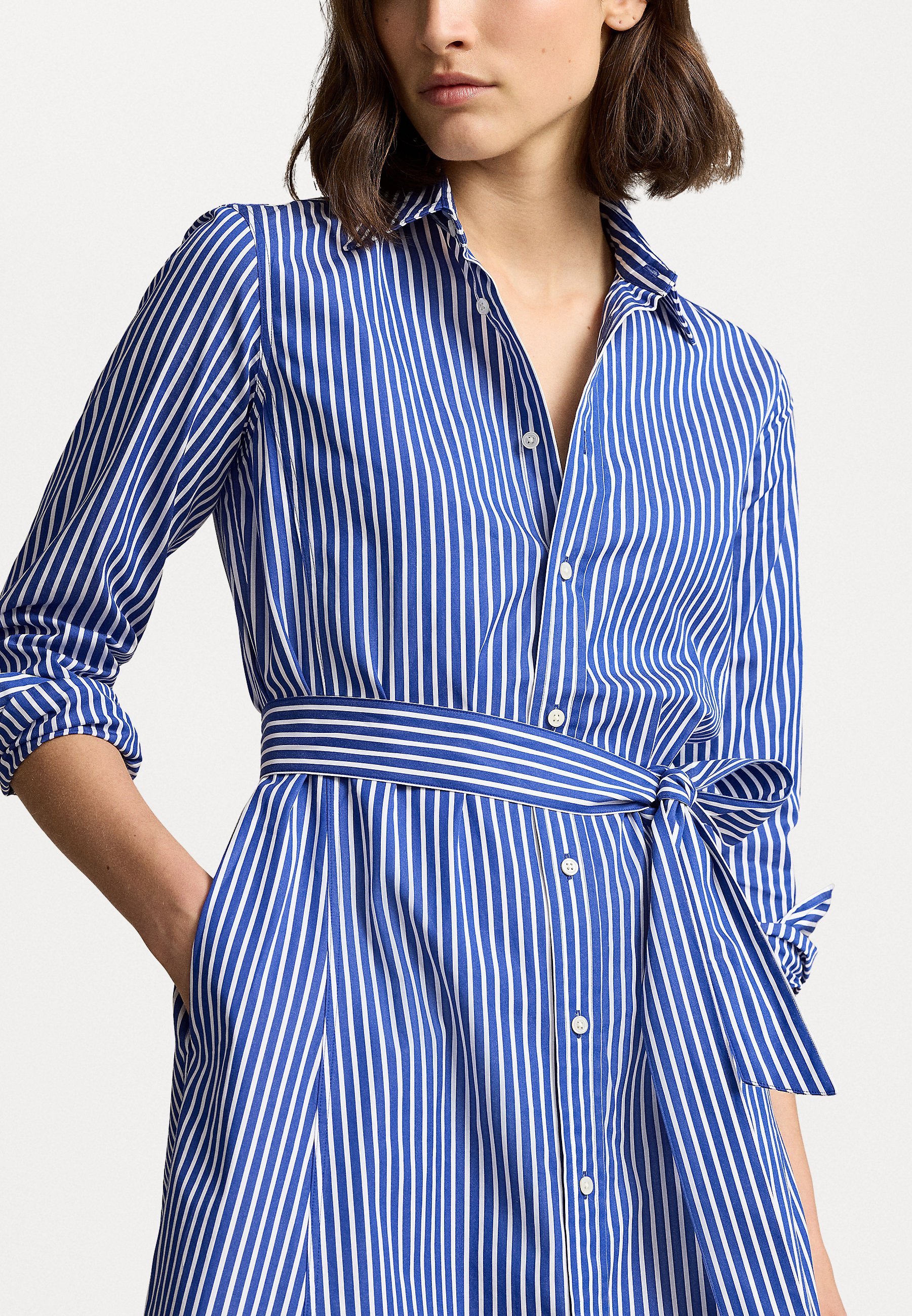 Abito camicia a righe in cotone con cintura Polo Ralph Lauren - Abito camicia - blu navy brillante/bianco