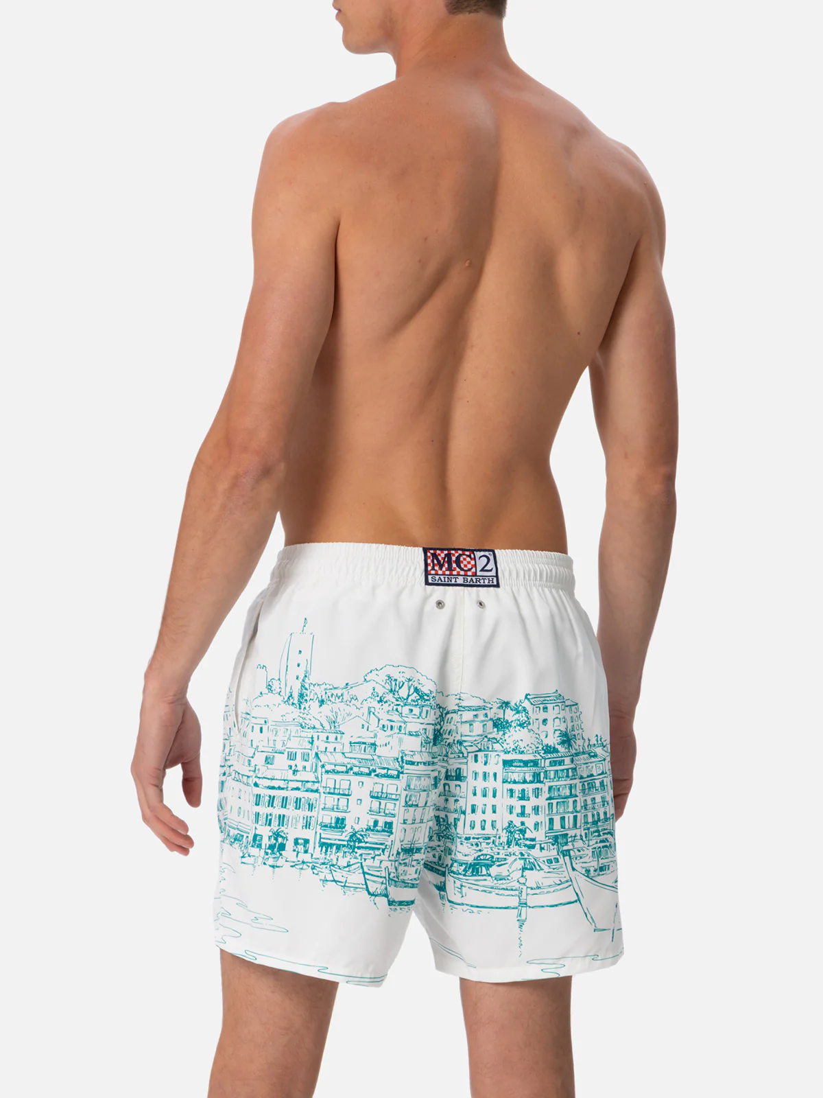 Heren Gustavia Zwembroek met Print – Middellang | Stof met Perzik-effect | Cannes Print | Wit | Verstelbaar Trekkoord | MC2 Saint Barth