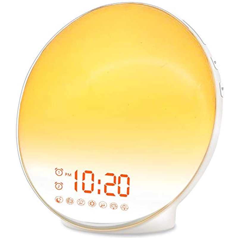 Weklichtwekker met zonsopgangsimulatie voor kinderen, diepe slapers, slaapkamer, met zonsopgangsimulatie, slaaphulp, dubbele alarmen, FM-radio, snooze-functie, nachtlampje, daglicht, 7 kleuren, 7 natuurlijke geluiden, ideaal als cadeau: Elektronica