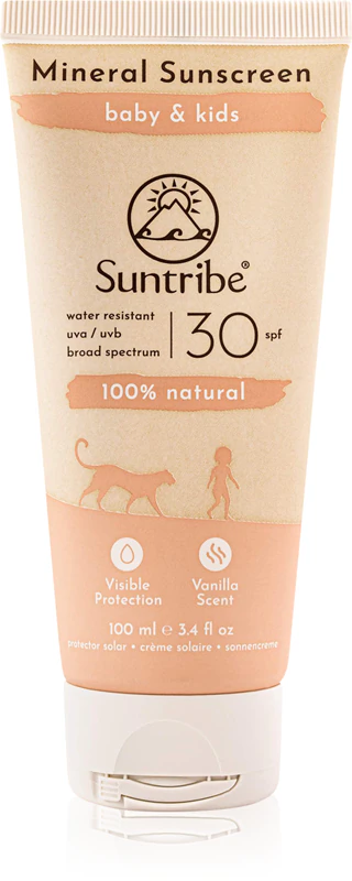 Protetor solar mineral infantil Suntribe Kids, creme protetor mineral para rosto e corpo.