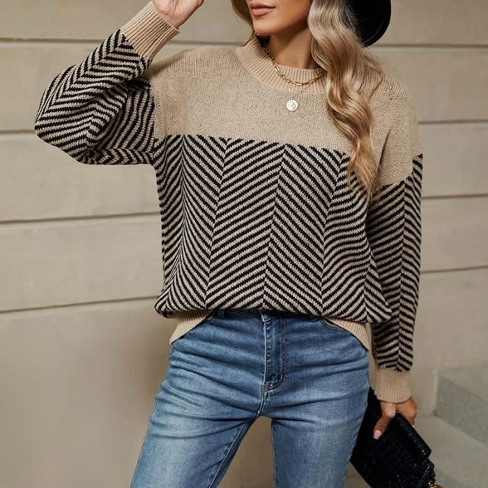 Pull Femme Rayure Automne Hiver en Tricot Manches longues Col Rond - Kaki - INSFITY - Femme - Adulte