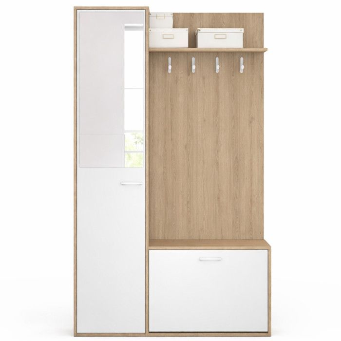 IDMARKET MAHAUT Mobiletto da ingresso con 1 anta, specchio e ripiani, effetto legno e bianco