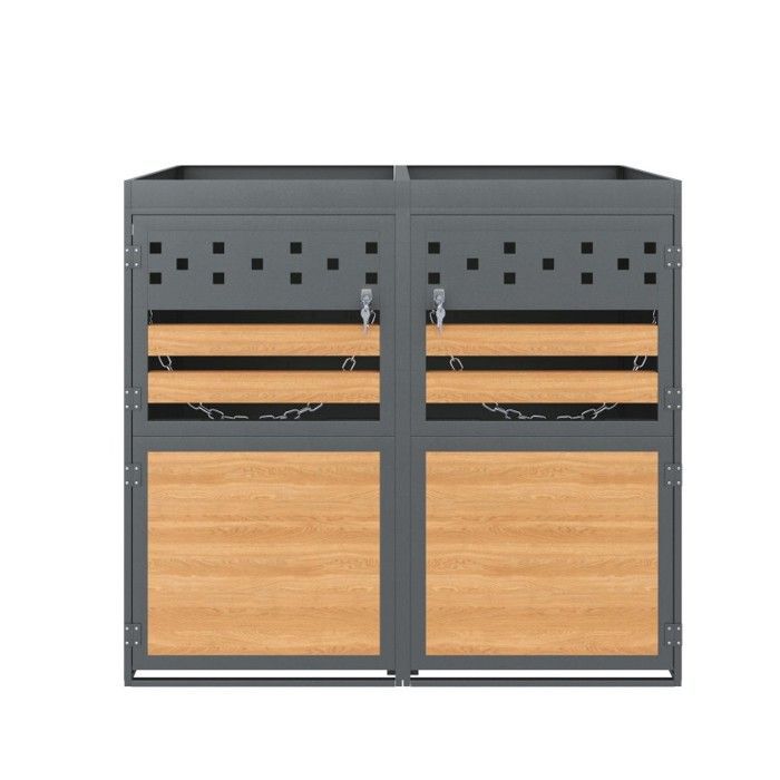 Cache-poubelle double - LANGTU - Abri Acier Anthracite - Toit végétalisable - Portes aspect bois verrouillables - Modulable