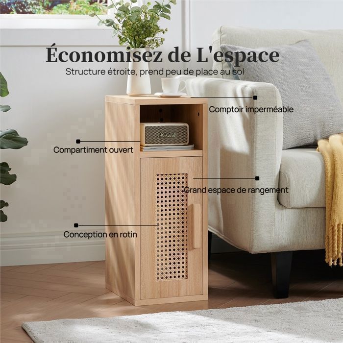 Conjunto de 2 mesas de cabeceira estreitas com 1 compartimento aberto, decoradas à mão em rattan, para quarto.