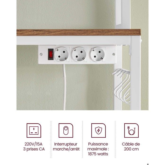 Carrito de cocina con regleta, 40 x 60 x 170 cm, color avellana claro y blanco.