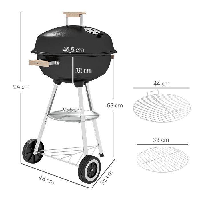Barbacoa de carbón Outsunny redonda con tapa, ruedas y control de temperatura - 48 x 56 x 94 cm - negra