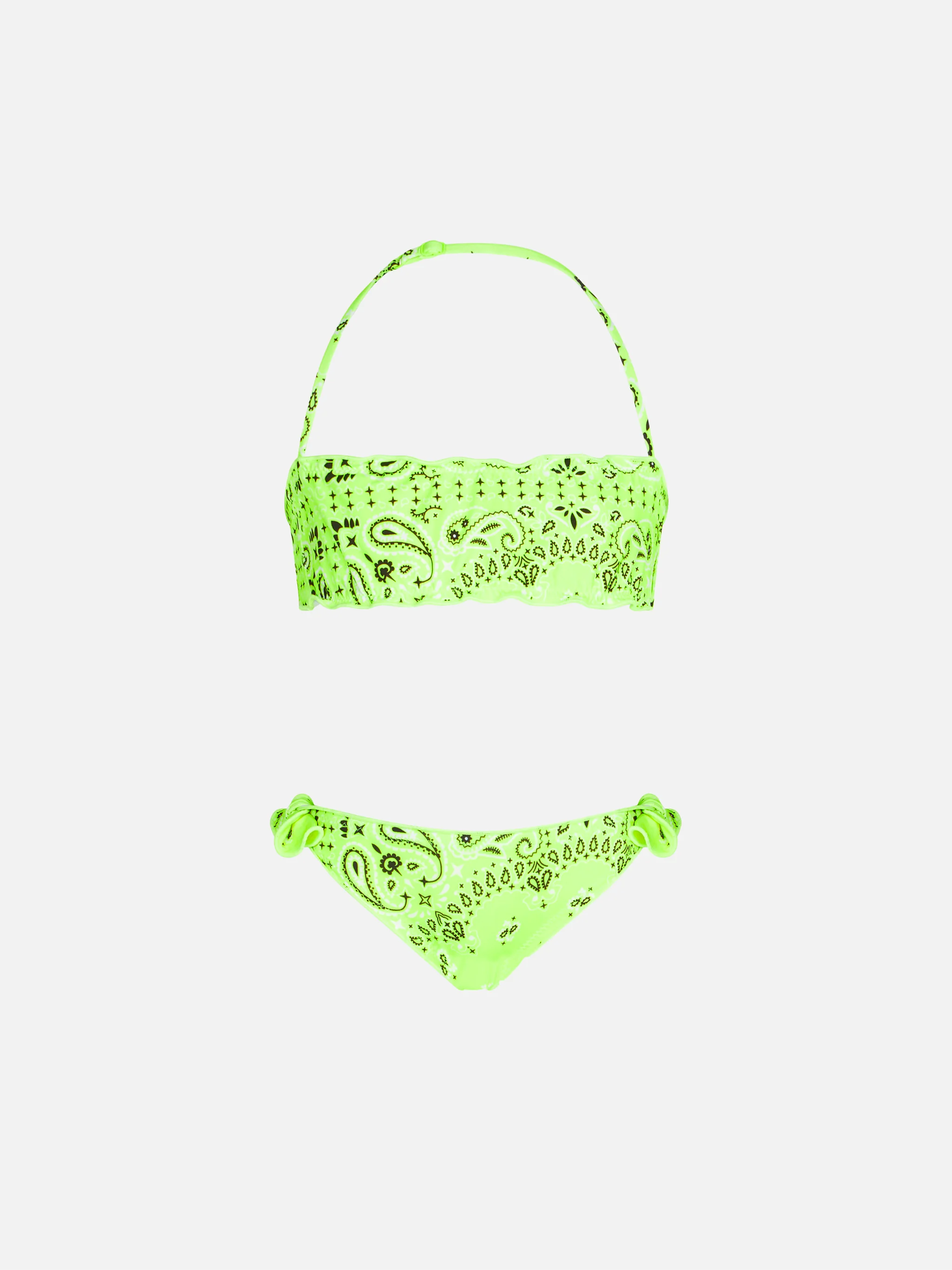 Meisjesbandeaubikini met neongele bandana-print