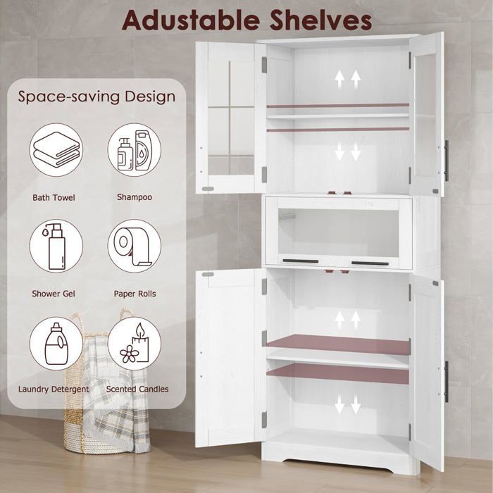 Tall storage cabinet - LUNSY - 60x30x170 cm - White - Four cupboards with doors - Large sliding drawer