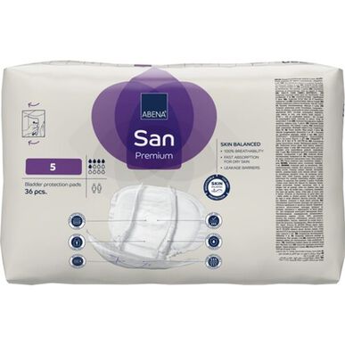 Abena San Premium 360 -vuotosuojat, 5 inkontinenssisidosta, anatominen muoto, 36 kpl.