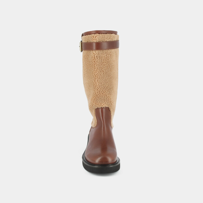 Bottes à talons et boucles latérales  en cuir et fourrure cognac