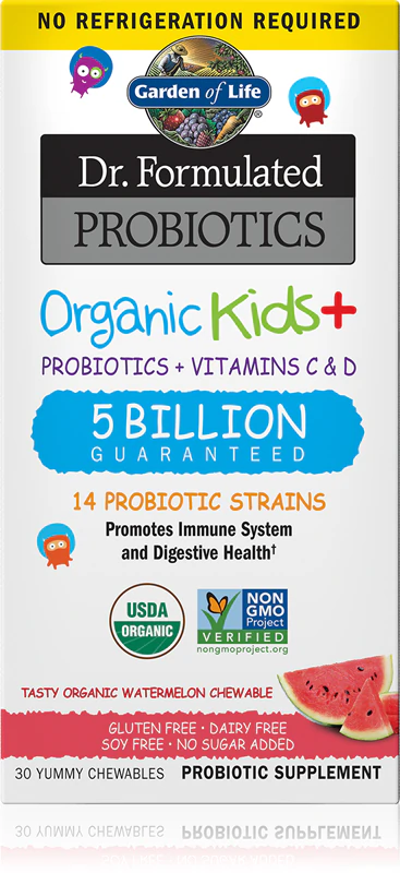 Garden of Life Dr. Formulated Organic Kids + Probióticos + Vitaminas C e D, suplemento alimentar em cápsulas gelatinosas para suporte do sistema imunológico.
