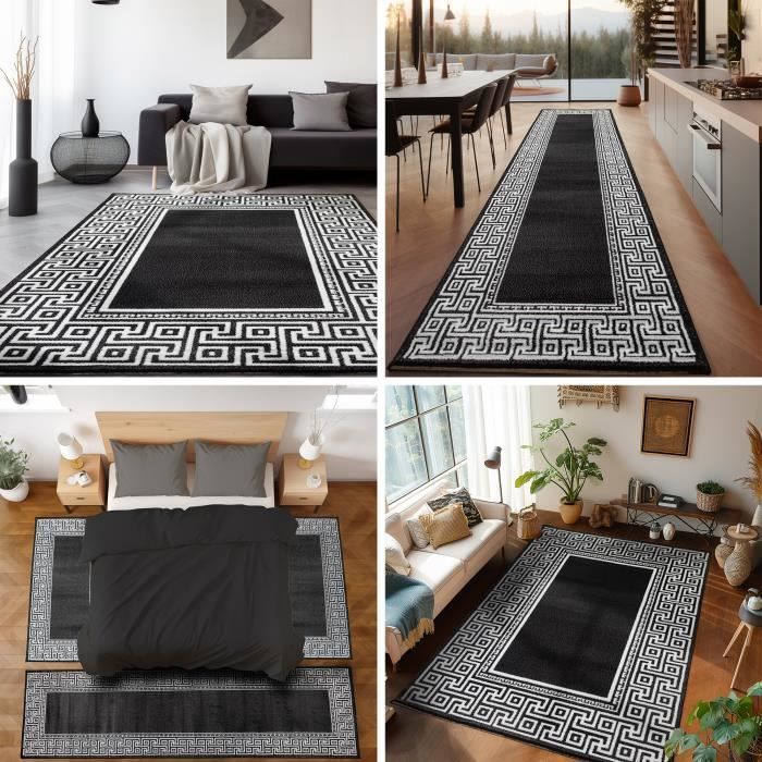 Alfombra de salón con estampado griego - Marca - Modelo - Pelo corto - Negra - 160x230 cm