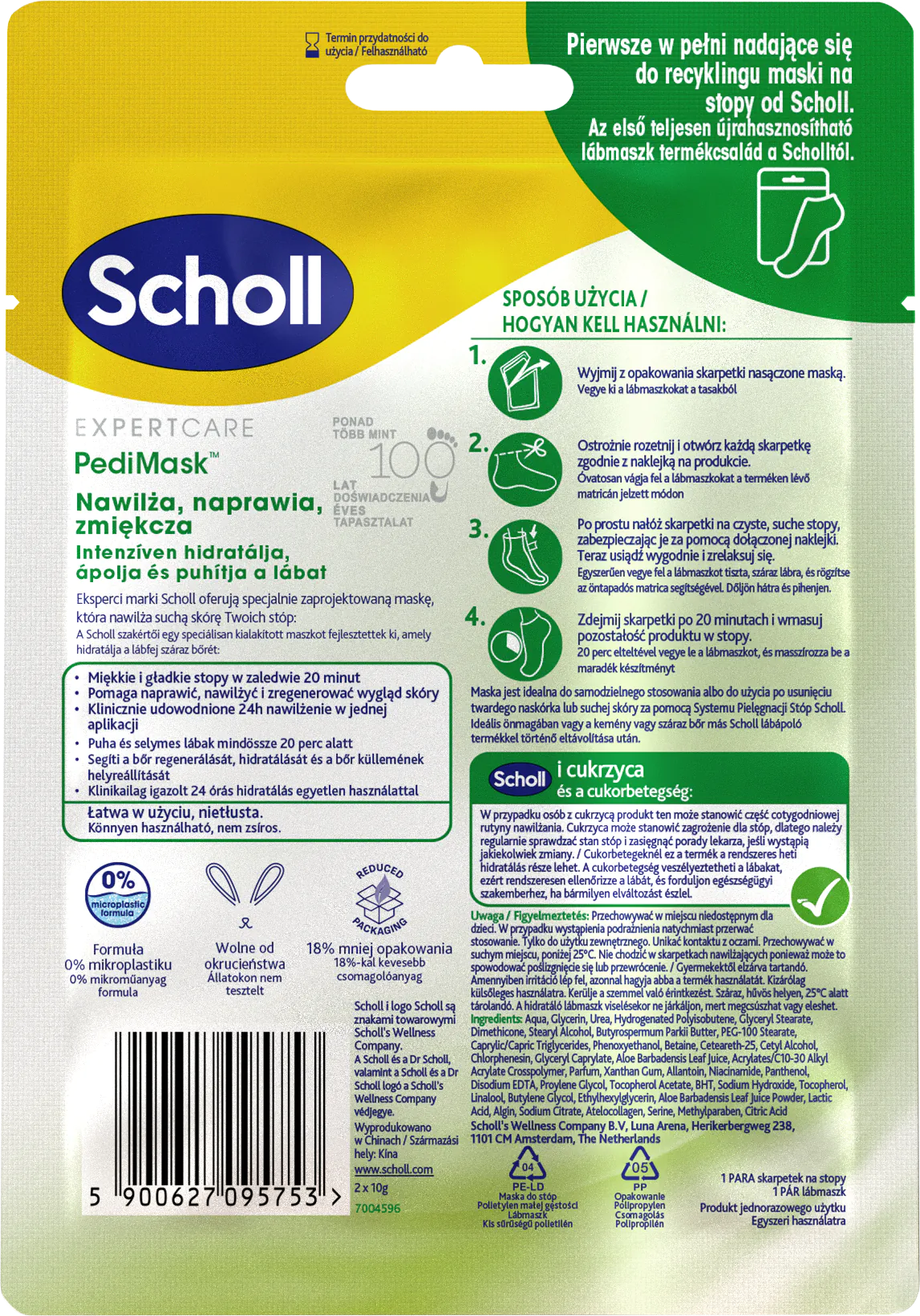 Scholl Expert Care PediMask, Nawilżająca maska do stóp z aloesem, 1 Para