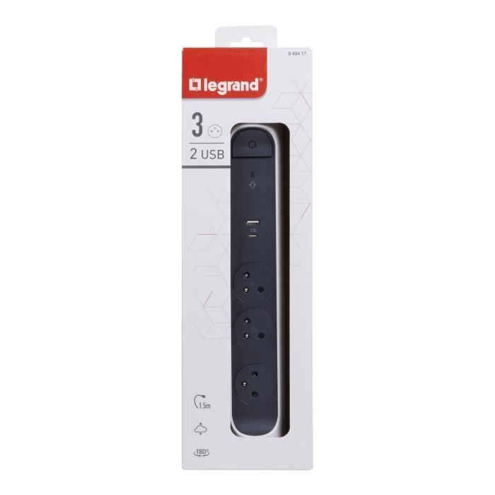 Regleta protectora contra sobretensiones LEGRAND FB 3x2P+T premium con puerto USB A+C, 1,5 m, blanca/