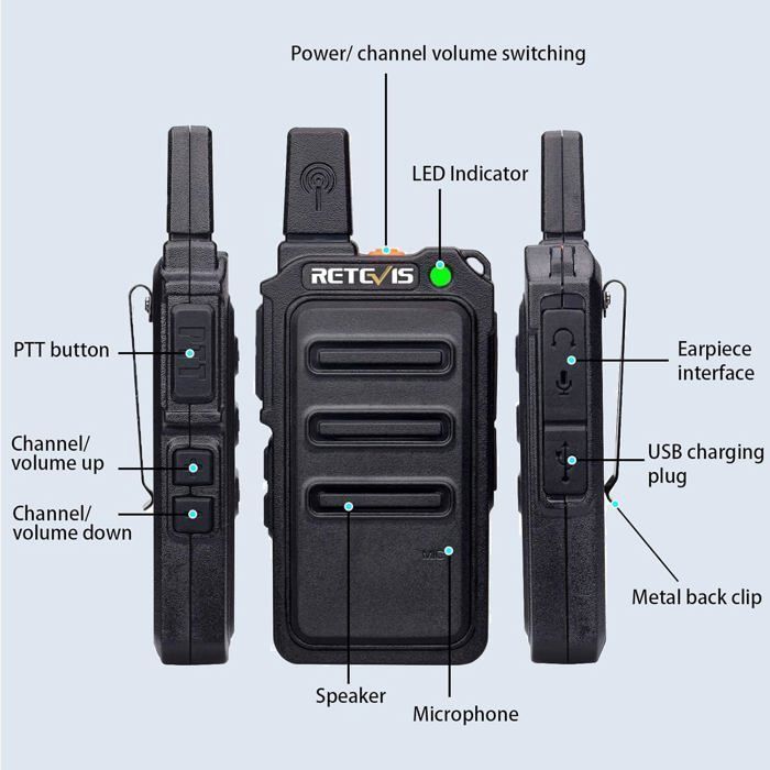 Retevis RT619 Mini Walkie Talkie with Earpieces, PMR446 1300mAh Rechargeable, Metal Back Clip, VOX, for School (10 Pcs)
