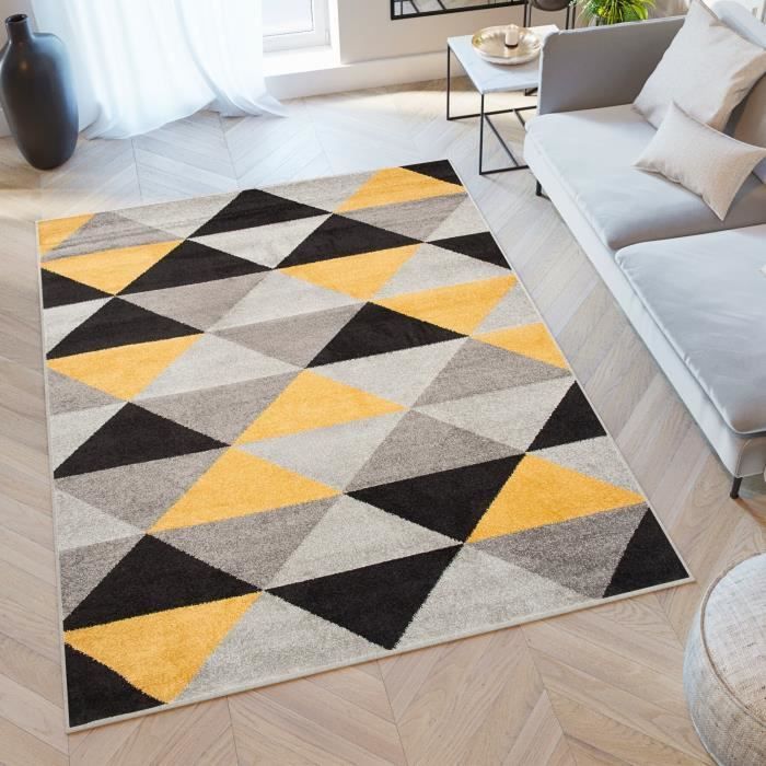 TAPISO Tapis Salon Poils Ras LAZUR Noir Jaune Gris Triangles Polypropylène Intérieur 180x260 cm