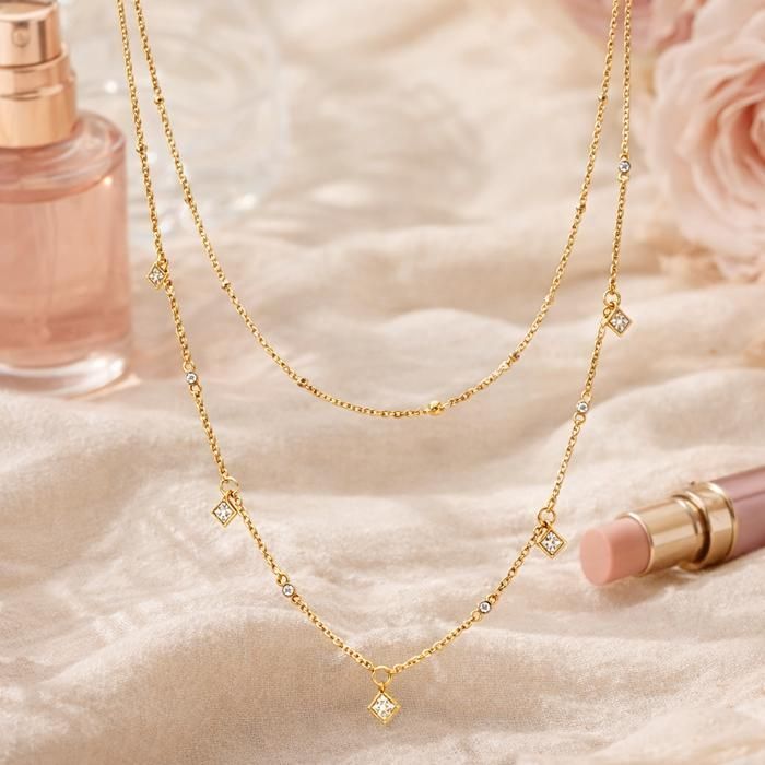 Collana da donna a più fili, placcata in oro 18 carati, doppia catena, pietre di zirconi cubici, 38-45 cm + 5 cm, gioiello con punzone, lussuoso ed elegante