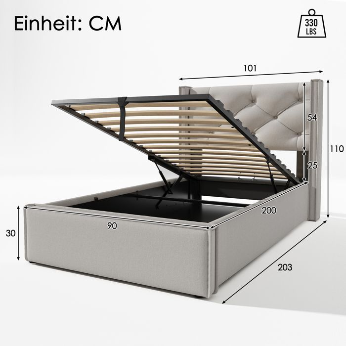 Cama LINKHOO, Cama com estrutura metálica e estrado de ripas, Estrutura de cama moderna com espaço de armazenamento, 90x200 cm, cinza claro