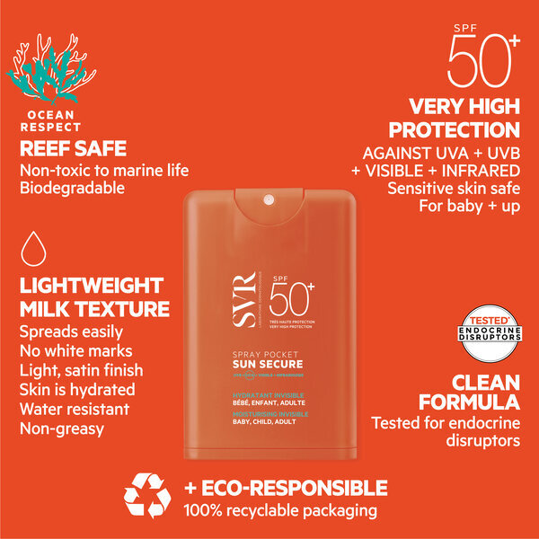 SVR SUN SECURE SPF50+ kapesní hydratační opalovací krém ve spreji 20 ml