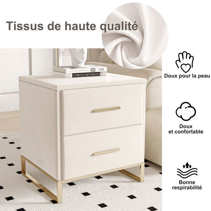 Lot de 2 Table de Chevet ,LUMINARIX,Table à Chevet avec 2 tiroirs , Poignées et pieds en métal doré ,40 × 40 × 50 cm,Beige, velours