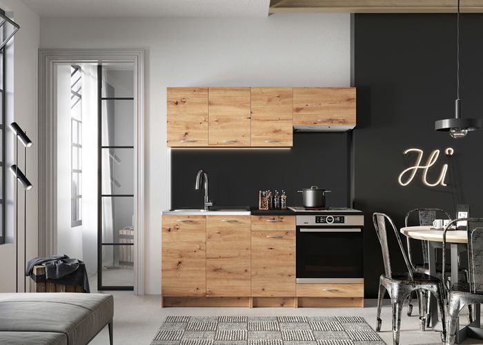 MILA 6-piece complete kitchen in Artisan oak finish with included worktop - Length 180 cm
