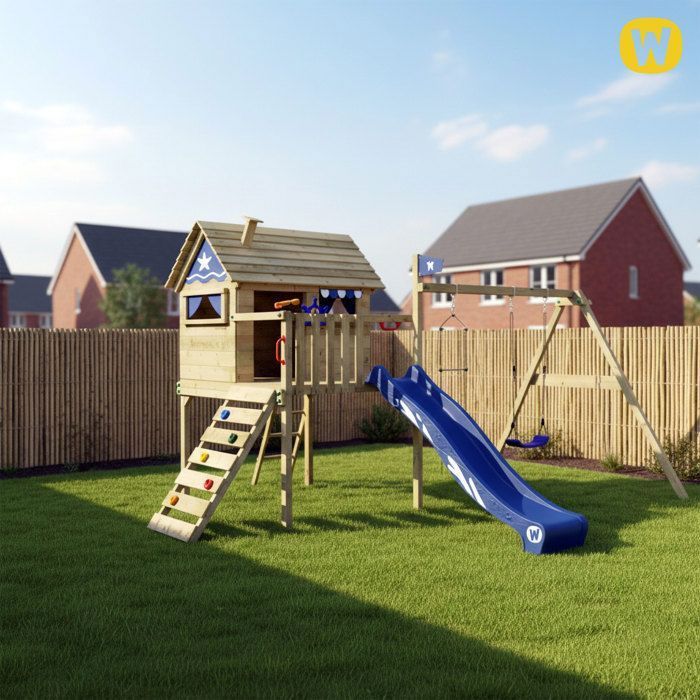 WICKEY Smart Travel houten paalwoning met 220 cm pastelgroene glijbaan en schommel – 10 jaar garantie*