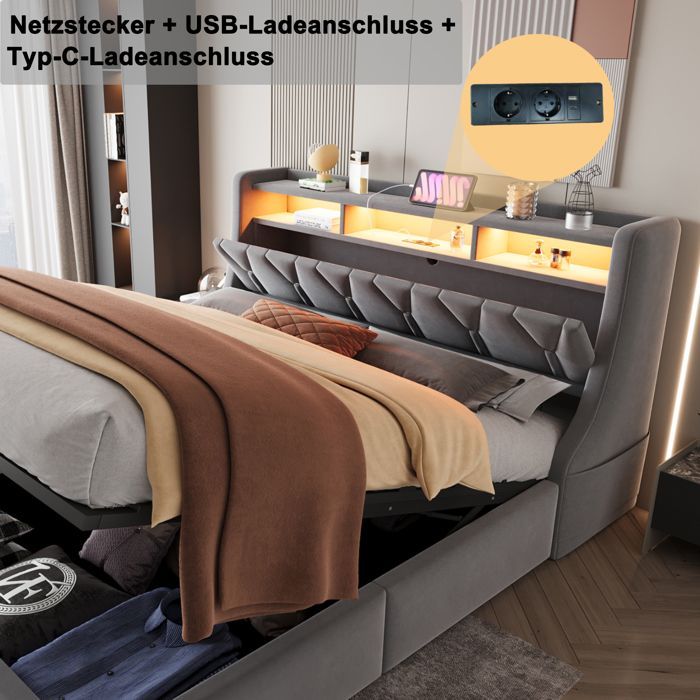 Lit Coffre 180x200 Capitonné avec LED et Prise Intégrée, Ouverture Hydraulique, Sans Matelas - Velours Gris