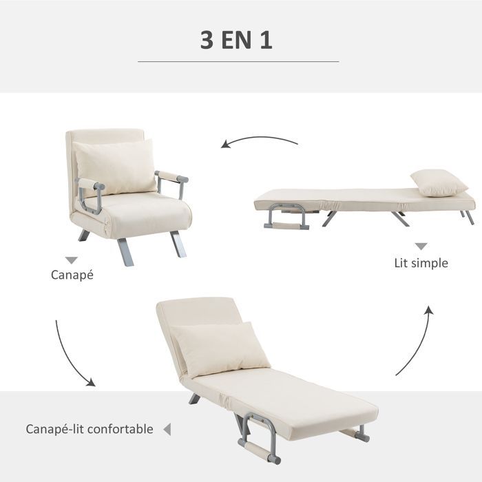 Sillón/sofá cama convertible - HOMCOM - 1 plaza con funda, cojín, patas y reposabrazos extraíbles - metal y ante - blanco