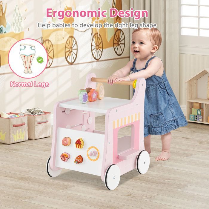 Girello in legno LIFEZEAL, per bambini da 1 anno in su, con ruote e adorabili accessori, scomparto, rosa.
