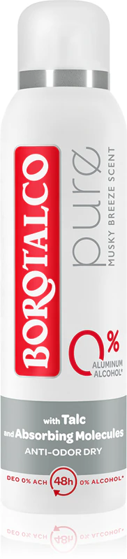 Desodorante spray Borotalco Pure sem alumínio, 48 horas de duração.