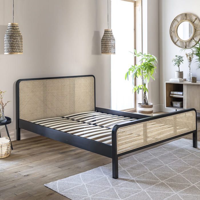 ANNA 160x200 Massief zwart grenenhouten volwassenenbed met echt rieten frame - LT17018 - Zwart - Terre de Nuit