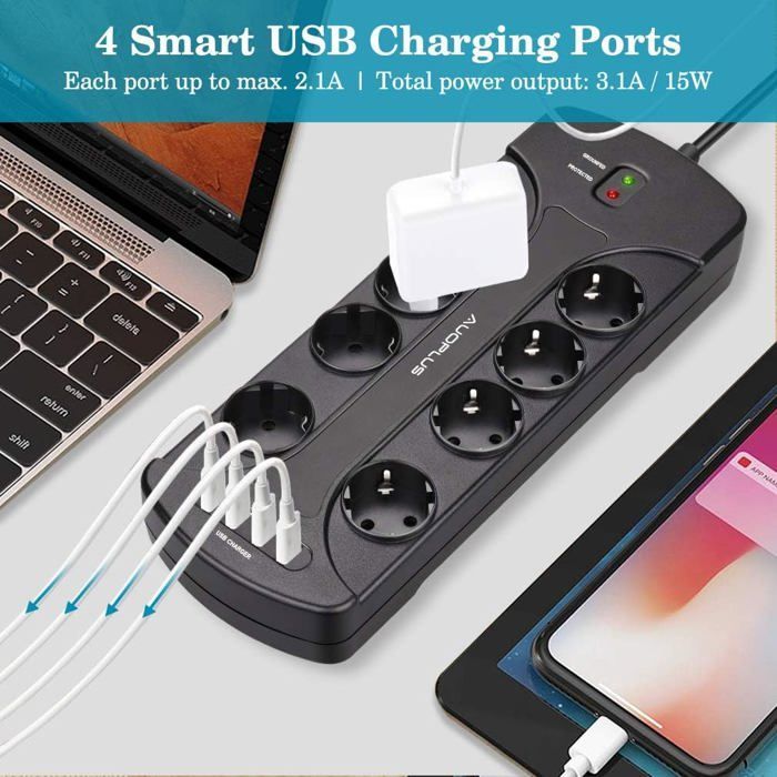 Regleta protectora contra sobretensiones con 8 tomas de corriente y 4 puertos USB, regleta con toma de tierra e interruptor, 3680 W/16 A