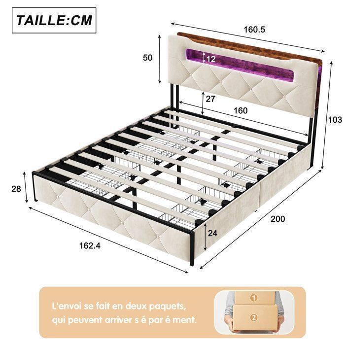 Complete slaapkamerinrichting voor volwassenen, bestaande uit een bedframe van 160x200 cm, een tweepersoonsbed, een opbergbed van 160x200 cm, een LED-bed van 160x200 cm, een USB-poort, opbergruimte, LED-verlichting, 4 lades, fluweel en beige.