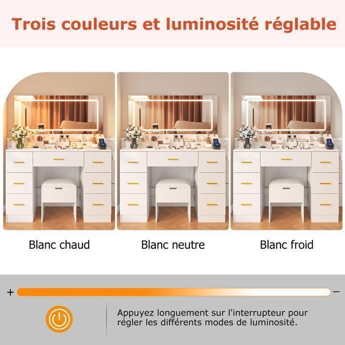 Large Dressing Table with LED Mirror and Stool - NHHF - 116X38X138 CM - 3-Color LED Lighting - with Power Outlets and 7 Drawers