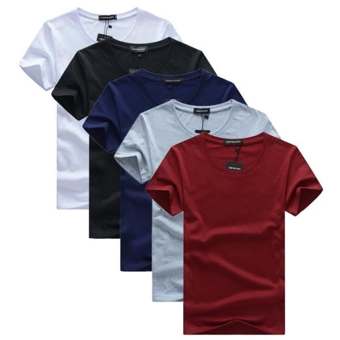 Pack of 5 Men's Short Sleeve Crew Neck T-Shirts, Straight Cut, Solid Color - White/Black/Blue/Grey/Burgundy