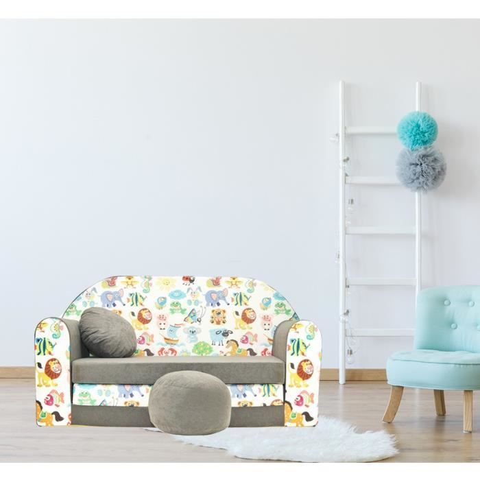 Sofá-cama infantil conversível NINO com pufe e almofada. Certificação OEKO-TEX Animals. Cinza.