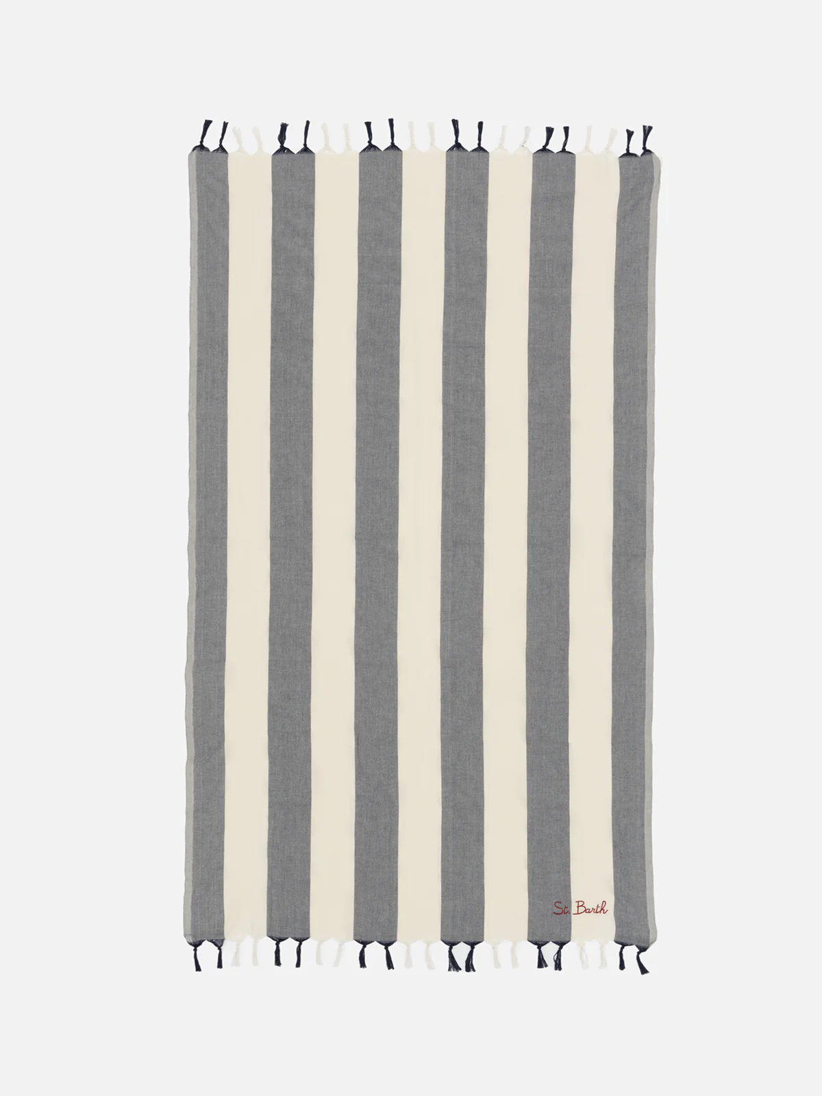 Fouta Light Cotton Towel | Navy Blue Striped Print | St. Barth Exclusive Logo Embroidery | Fringed Hems | 100% Cotton | 100 x 200 cm | MC2 Saint Barth