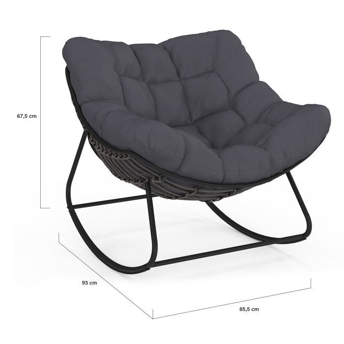 Silla mecedora de jardín IDMARKET LOA con efecto ratán gris y cojín gris.