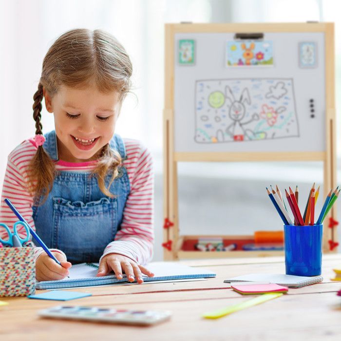 Cavalete infantil reto Relaxdays; Quadro branco e quadro-negro, altura ajustável, cavalete de madeira, 102-135 x 55 x 52 cm, natural