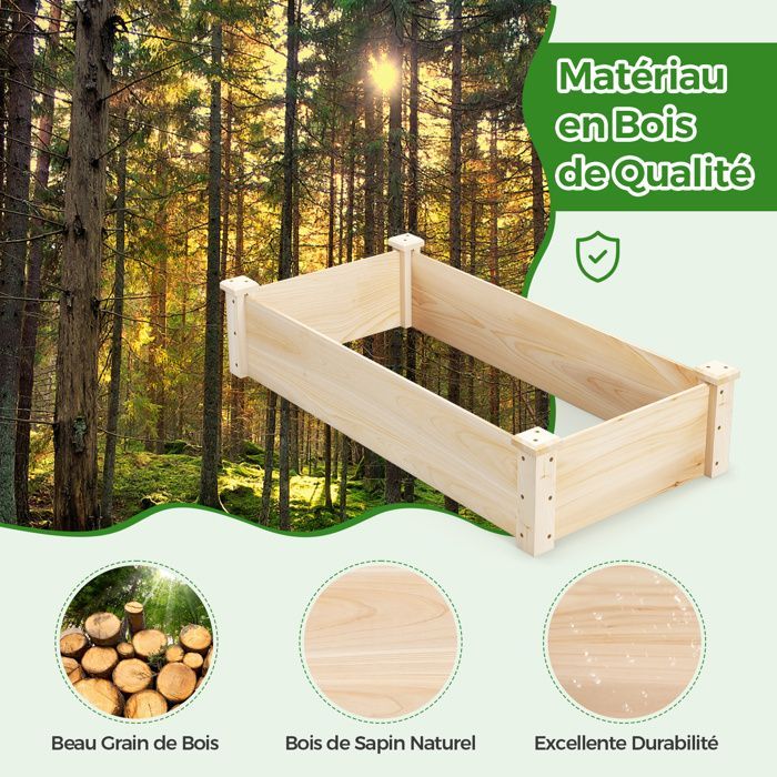 COSTWAY Raised Garden Bed, Wooden Fir, 120 x 61 x 25.5 cm, Open Bottom and Drainage, for Flowers, Herbs, Vegetables, and Fruit, Natural