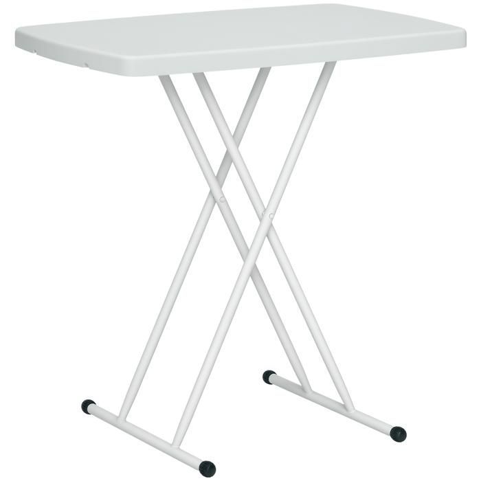 Mesa auxiliar Outsunny plegable, con 6 niveles de altura ajustables, ideal para patios y jardines, fabricada en HDPE, 76 x 50 x 74 cm, color blanco.