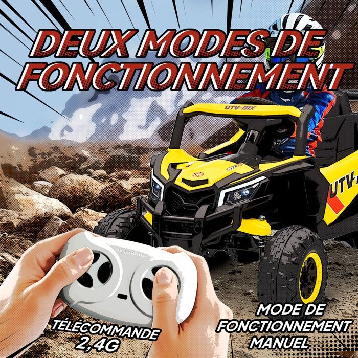 Coche eléctrico UTV infantil AIYAPLAY - Control remoto, luces LED, música, puerto USB - PP y metal - 96 x 61 x 56 cm - Amarillo
