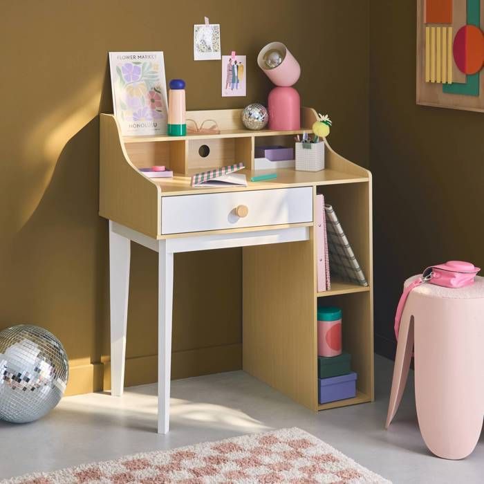 Escritorio infantil con acabado de madera, 1 cajón, 3 estantes, EDGAR
