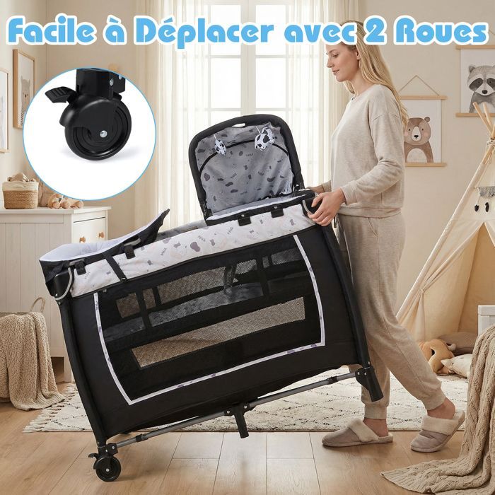 COSTWAY 5-in-1 reisbedje met matras - wieg, aankleedtafel, hangend speelgoed, muziekdoosje met lichtjes, wielen - beige