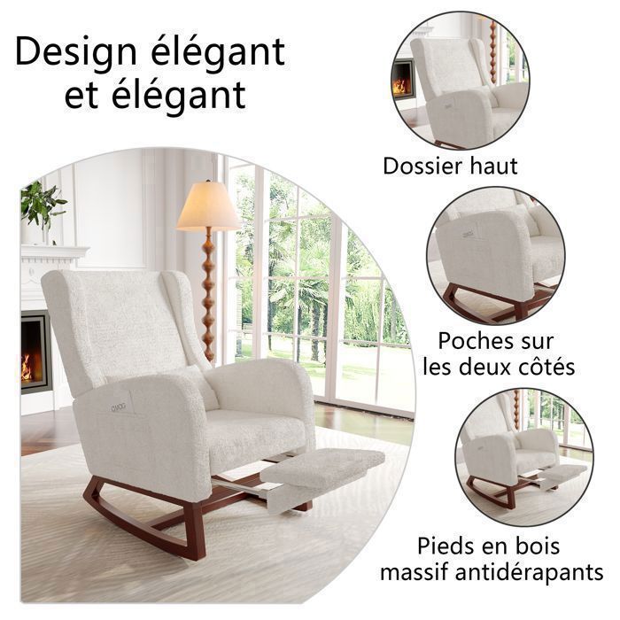 Sedia a dondolo - SOMUBI - Lana d'agnello - Legno massello - Stile scandinavo - Bianca