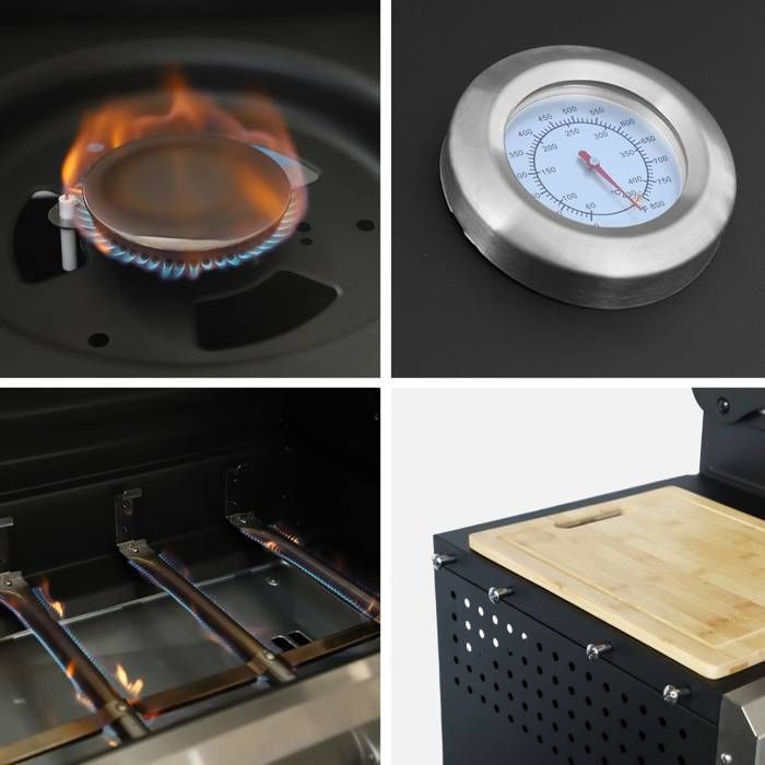 Barbacoa de gas de 4 quemadores + 1 quemador lateral, cocina exterior con estantes, termómetro y funda MAXIM.