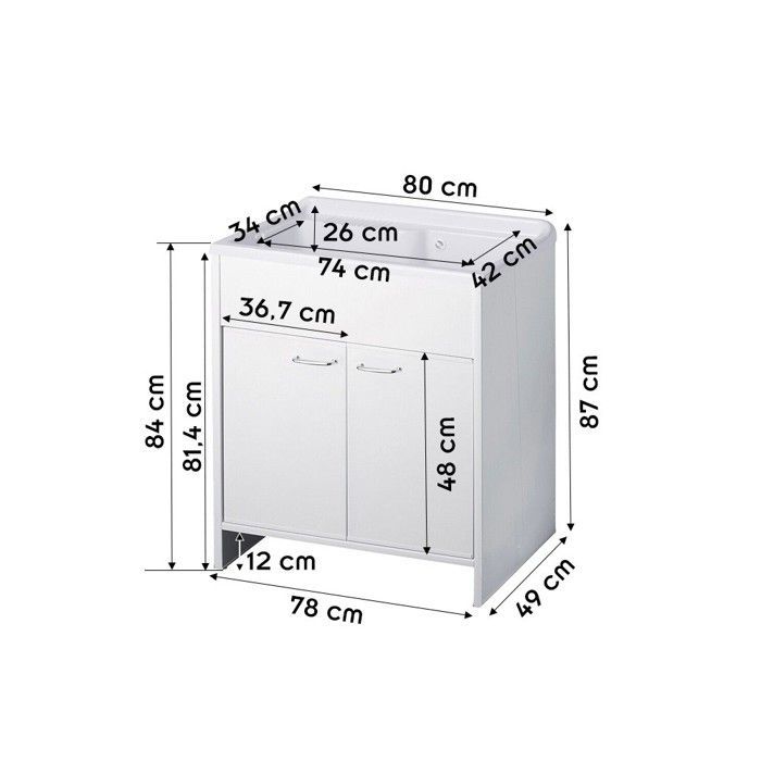 Meuble buanderie double porte PVC avec vasque bac à laver polypropylène 80x50 Blanc